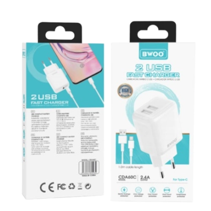 Sạc BWOO 2 cổng USB-A kèm cáp Type-C US CDA64VC 2